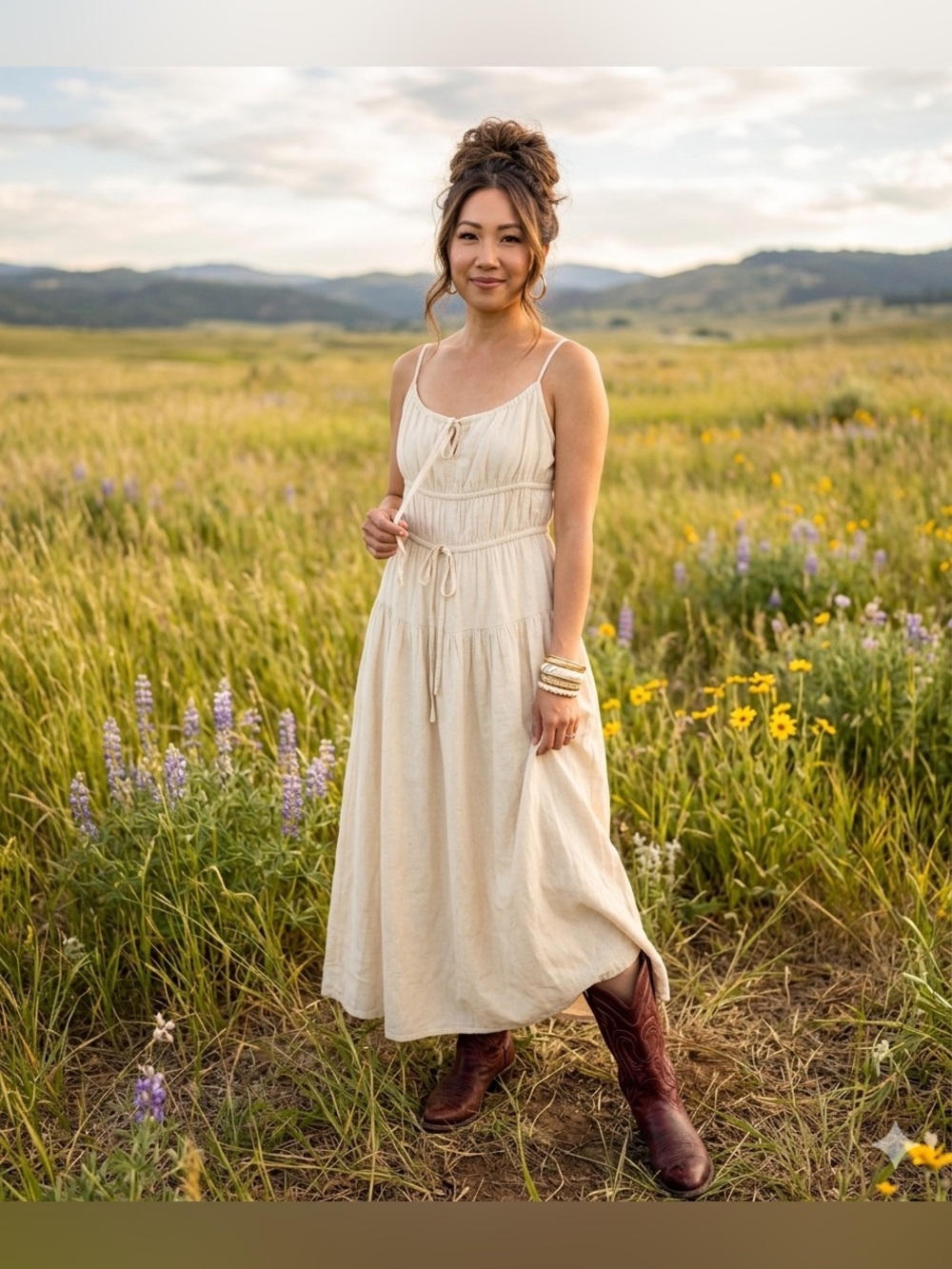 Sim & Sam Cream Lined Milkmaid Tiered Linen Blend Tie-Front Maxi Dress Size M